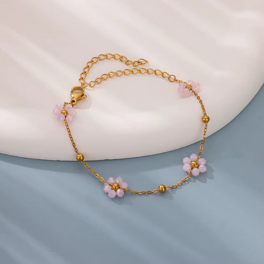 Stainless Steel Rice Bead Pink Flower Bracelet for Women Gold Color Chain Cute Flower Aesthetic Bracelet Beach Jewelry Gift BFF