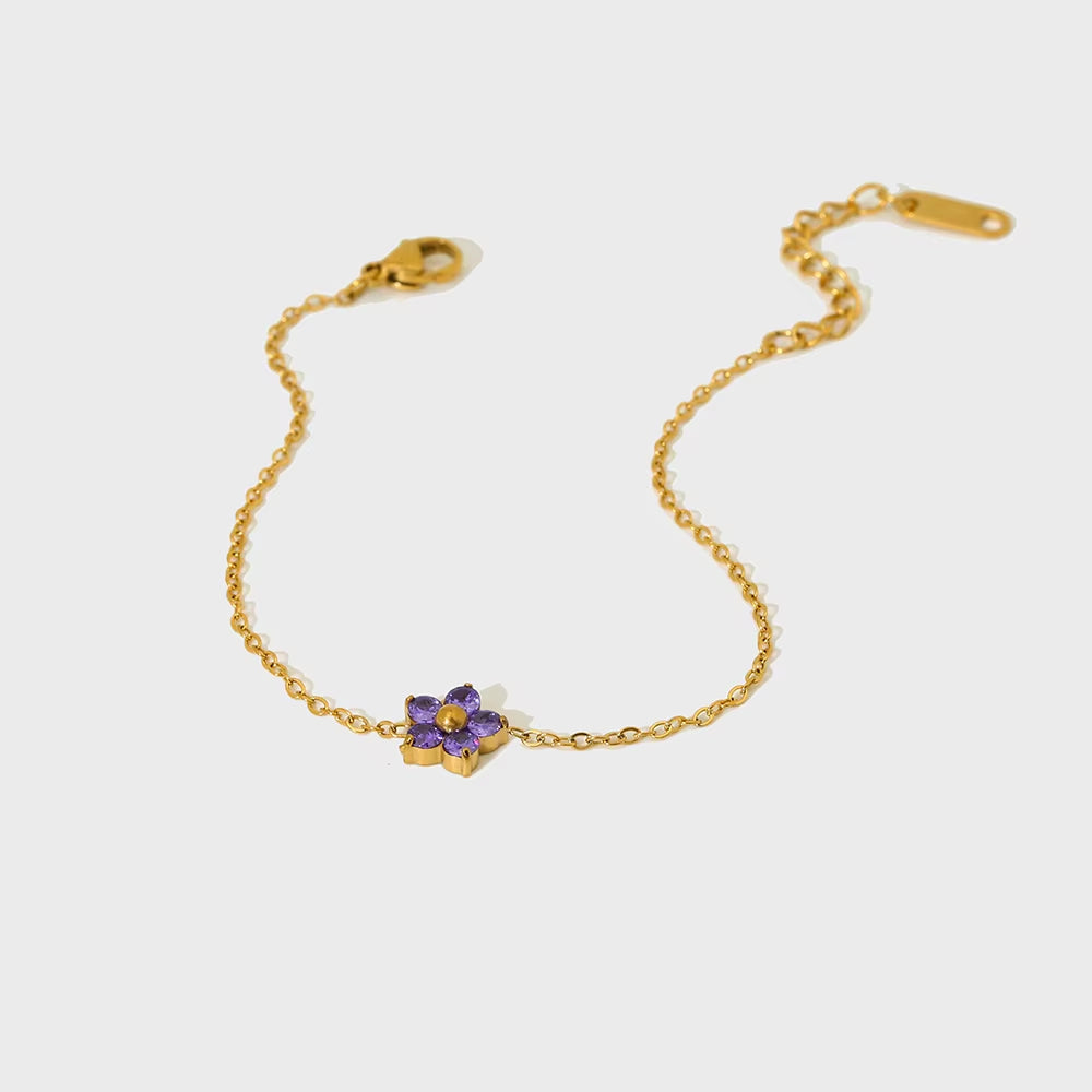 New Stainless Steel 16K Gold Plated Colorful Cubic Zirconia Flower Bracelet for Women Girls Waterproof Dainty Bracelet Jewelry