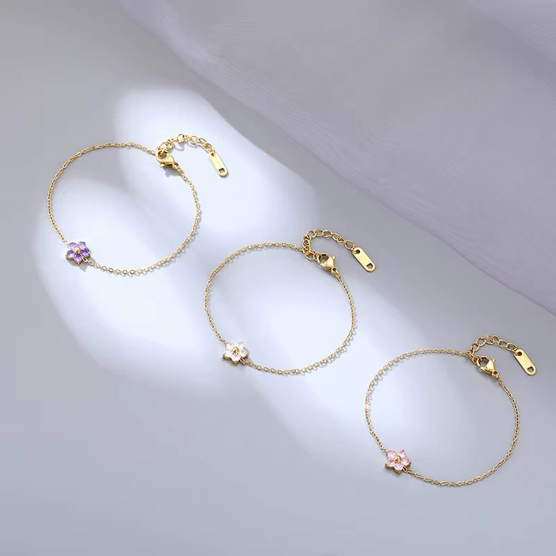 New Stainless Steel 16K Gold Plated Colorful Cubic Zirconia Flower Bracelet for Women Girls Waterproof Dainty Bracelet Jewelry