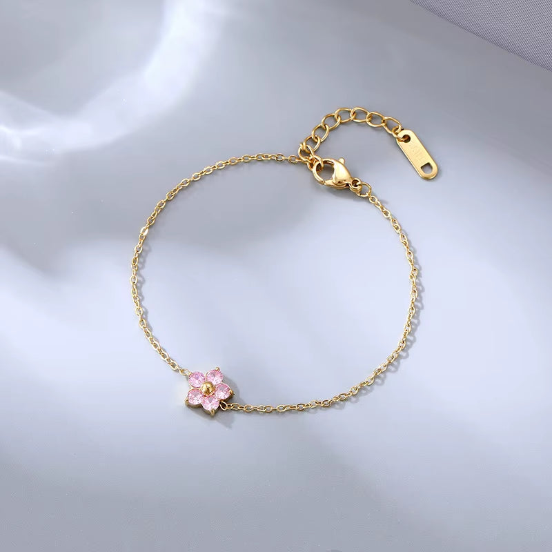 New Stainless Steel 16K Gold Plated Colorful Cubic Zirconia Flower Bracelet for Women Girls Waterproof Dainty Bracelet Jewelry