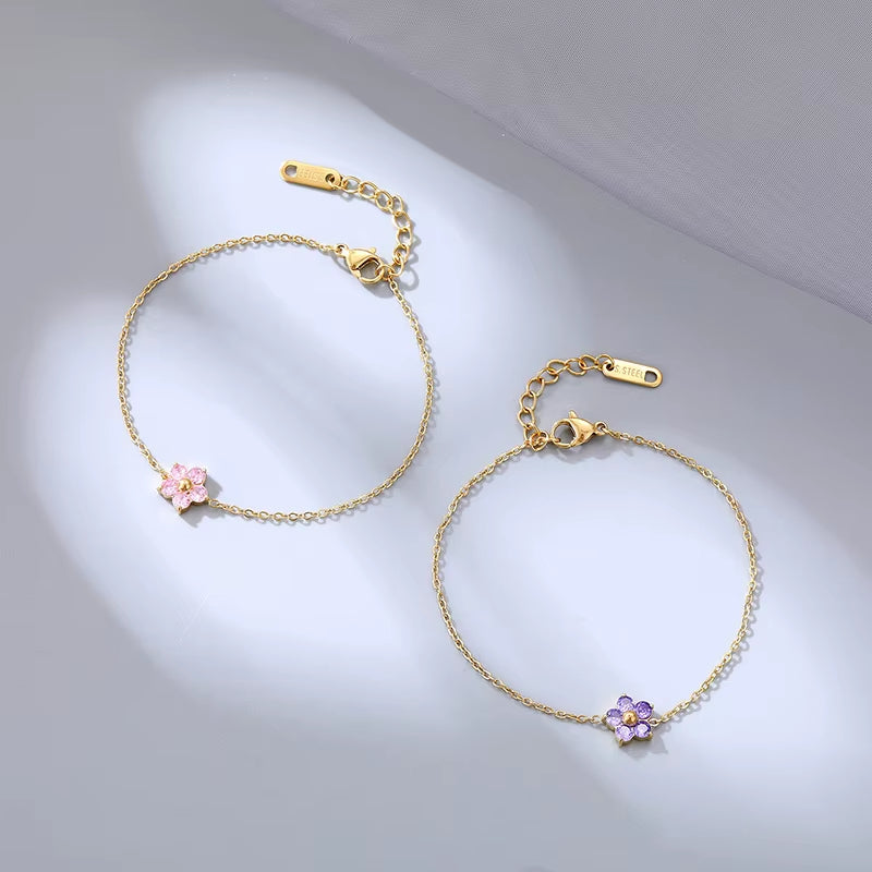 New Stainless Steel 16K Gold Plated Colorful Cubic Zirconia Flower Bracelet for Women Girls Waterproof Dainty Bracelet Jewelry